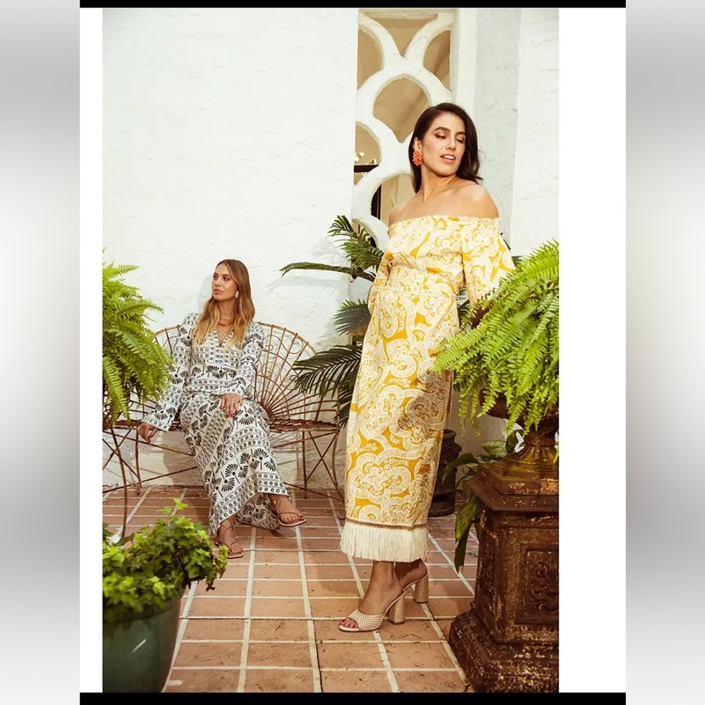 Off-Shoulder Yellow Paisley Midi Dress with Fringe - Picture 3 of 13